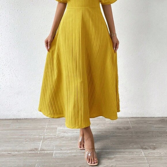 Yellow Elegant Women's Solid Batwing Sleeve A-line Dress - Picture 5 of 5